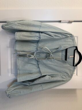 Free People Light Blue Denim Tie-Front Peplum Jacket